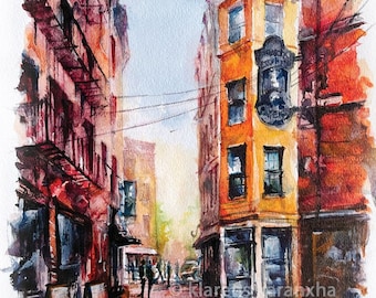 Marshall St Brownstone Boston- Limited Edition Print -Watercolor of Old New England  historic street. Oyster House Home Wall décor gift idea