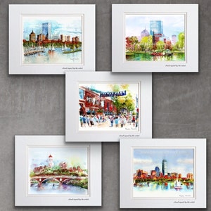Pack of 5 Bestsellers - Boston Cityscape matted prints- Boston skyline Prudential, Swan Boats , Fenway park, Harvard bridge, Charles River.