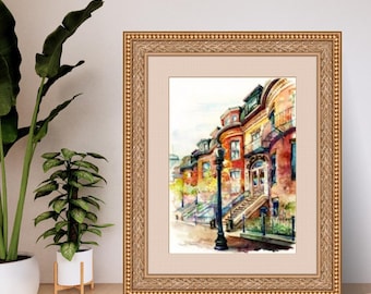 South End Boston Watercolor Art Print: Historic Brownstones in Spring