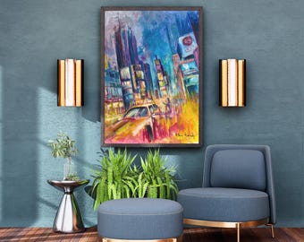 NYC Cabs Art Print: Acrylic Painting, Colorful Wall Art (Digital Download)