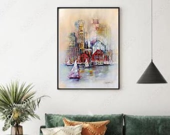 Boston Harbor Watercolor Print: Coastal City Skyline, Sailboats (Digital Download)
