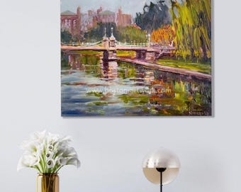 Boston Public Garden Lagoon Bridge Oil Painting Print: Cityscape Wall Art (Digital Download)