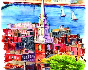 North End Boston Watercolor Print: Old North Church Art- Digital files only.