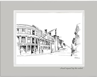 Harvard Square Ink Sketch Print: Cambridge Streetscape Art