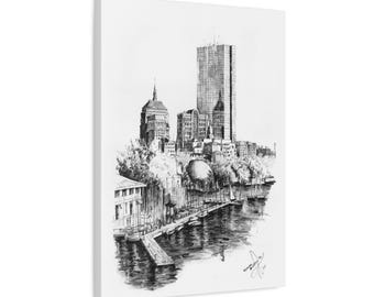 Boston Back Bay Pencil Art Print, Charles River Cityscape Canvas