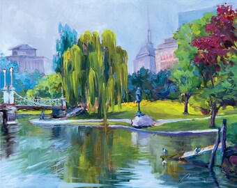 Boston Public Garden Art Print: Oil Painting on Matted Paper