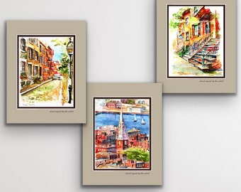 Boston Cityscape Art Prints- Wall Decor, Gift value Pack- Set of 3- North End, Beacon Hill, South End- Wall art bundle iconic Boston views