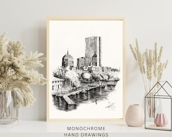 Boston Back Bay Pencil Art Print: Hand-Drawn Cityscape, Charles River