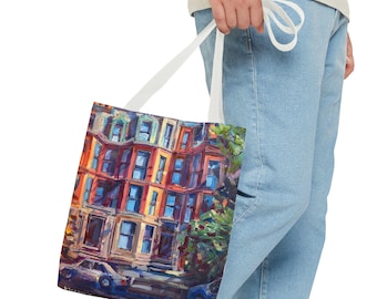 Boston Brownstone Tote Bag: Cityscape Art, Urban Travel Shoulder Bag