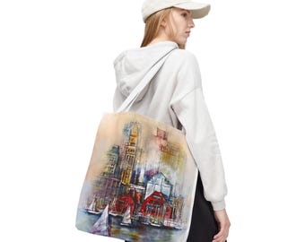 Boston Harbor Sailing Tote Bag: Nautical Boat Artwork Beach Carryall