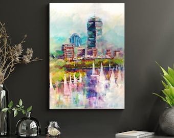 Boston Waterfront Art Print: Acrylic Sailing Painting, Matted Seascape