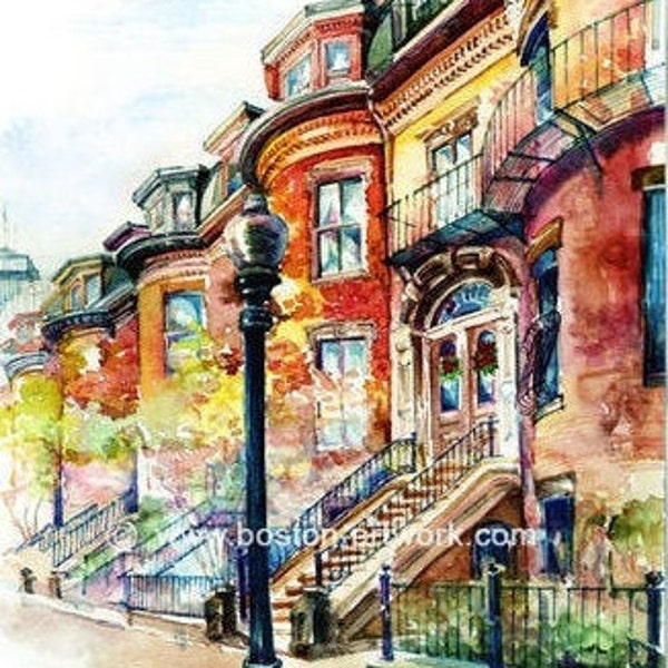 South End Boston Watercolor Art Print - Vibrant wall decor featuring historic brownstones. #Boston #SouthEnd #WatercolorPrint #GiftIdea