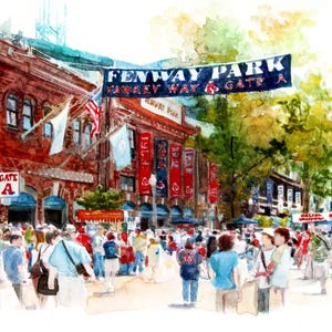 Fenway Park Boston -Print of watercolor artwork. Red Sox Baseball stadium. Historic Ballpark Man Cave. Landmark Dad, brother, son gift idea.