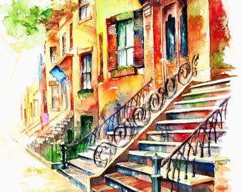 Boston South End Art Print: Spring Brownstones Watercolor