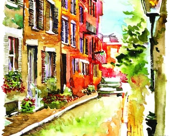 Acorn Street Boston Watercolor Print: Beacon Hill Art, New England Architecture