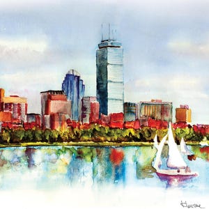 Boston Skyline Watercolor Painting - Prudential Tower Art Print