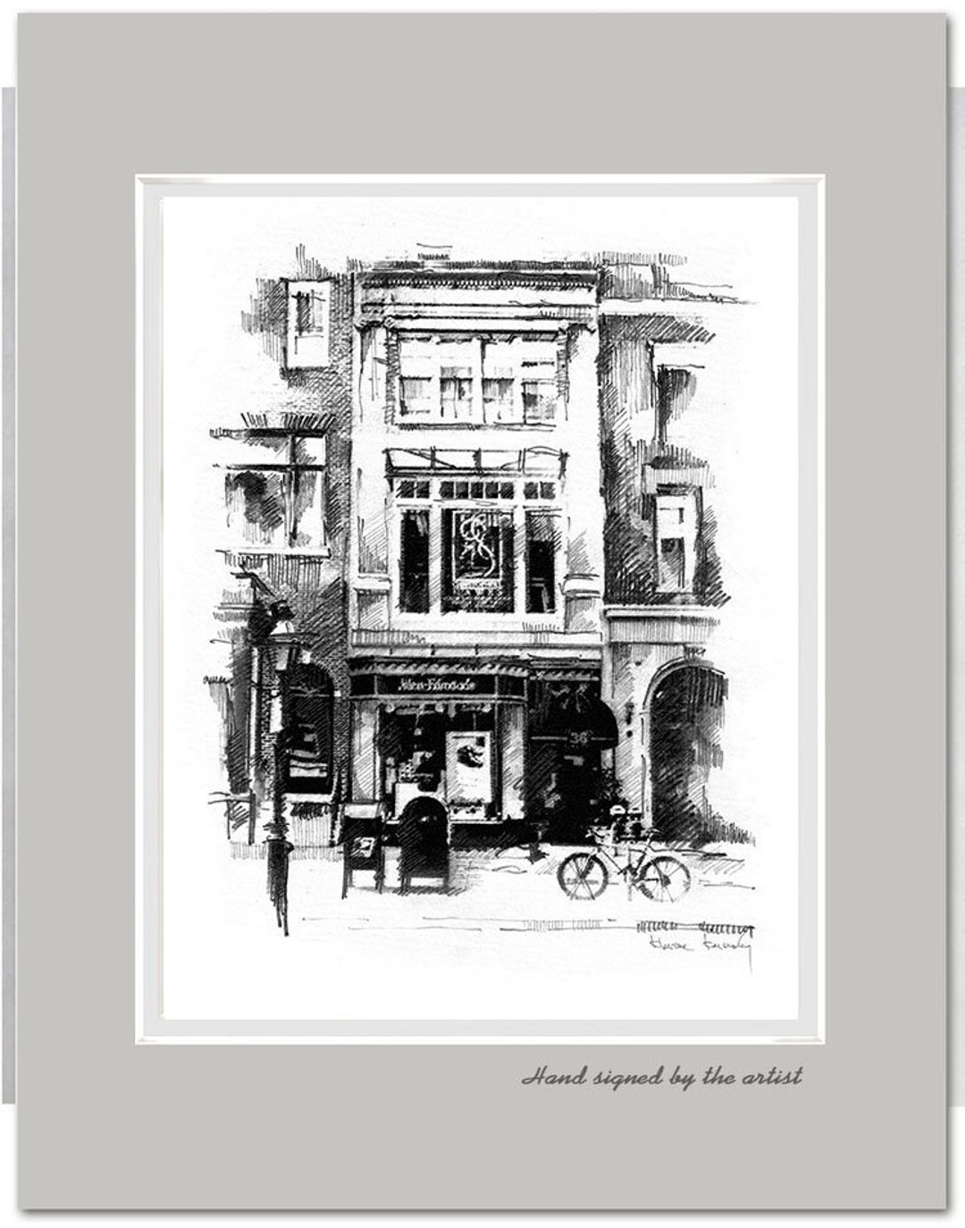 鉛筆画「A street arpista」　B5大サイズ Newbury Street Boston Art Print - Black and White Pencil Drawing