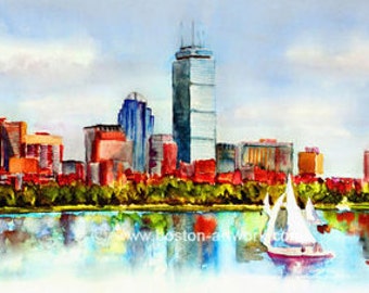 Prudential Boston Skyline - Fine art landscape watercolor painting of Boston Skyline. Artwork print home décor , interior design , gift idea