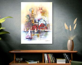 Boston Waterfront Canvas Print: Watercolor and Ink Cityscape