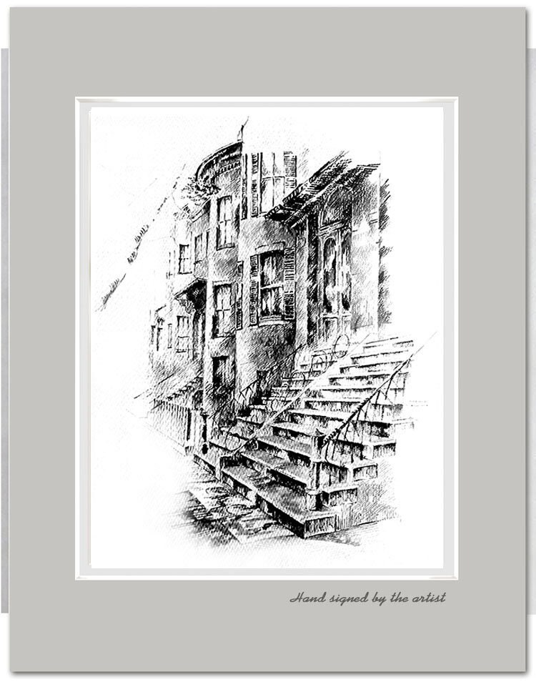 鉛筆画「Saturday afternoon」　B5大サイズ South End Boston Pencil Drawing Print – Newbury St, Victorian