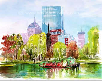 The Swan Boat, Boston Public Garden, Watercolor Colors of Spring, Sun-kissed,  Room decor Spring Green,  Boston Common New England