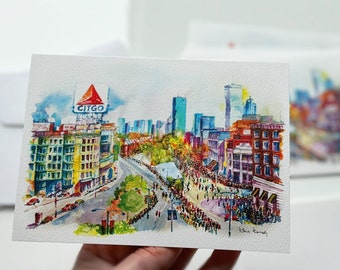 Notecards Marathon in Boston, Package of 10, 25, 50 notecards with white envelopes. Watercolor artwork -gift idea - souvenir unique cards