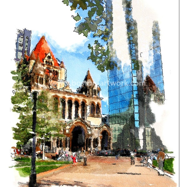 Copley Square - Boston. Fine art Watercolor painting of Copley Square.  Summer décor,  wall, room, home interior design idea. John Hancock.