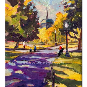 Morning walk in Boston Public Garden  - Oil Painting of Boston. Housewarming gift idea - Wall décor - Boston original art .