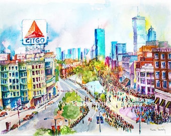 Marathon in Boston, Vibrant Spring Colors and Athletes in Motion – Capturing the Spirit of Race Day. Citgo sign, Kenmore. Athlete gift idea.