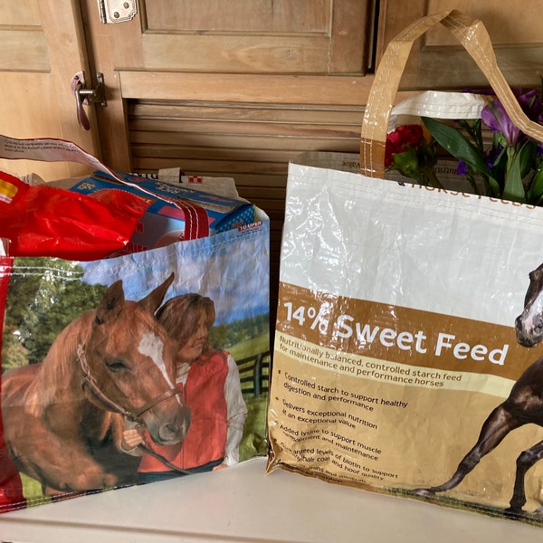 Horse Feed Bag Tote, Market Bag, Reusable Shopping Tote, Up-cycled Feed Bag, Recycled Feed Sack Market Bag