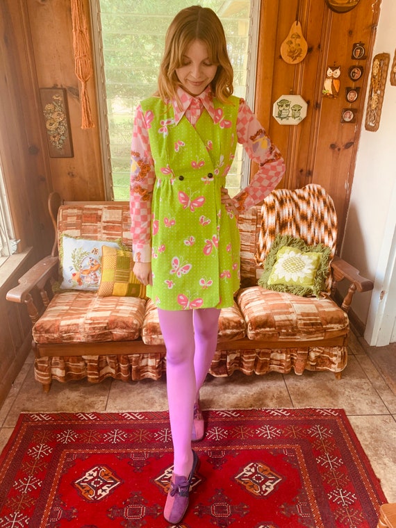 60’s-70’s lime green and pink BUTTERFLY mini dress