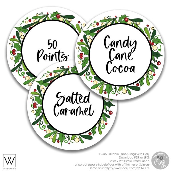 EDITABLE Circle Christmas Wreath Labels | 2 inch Circle Christmas Jar Tags | 2.25" Square Christmas Labels | Digital Download with Corjl PDF