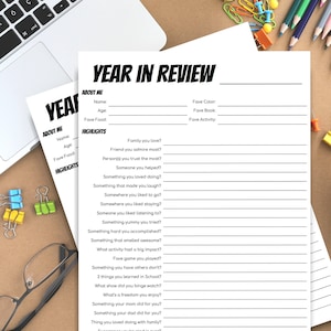 May include: A printable worksheet titled "Year in Review" for kids and teens. The worksheet includes prompts for reflection on the past year, such as favorite color, book, and activity, as well as personal growth and accomplishments.
