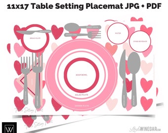 DIGITAL Etiquette Placemat Pink Hearts Valentine's Day | Table Setting Diagram | Manners Placemat | INSTANT Download 11x17 JPG, pdf