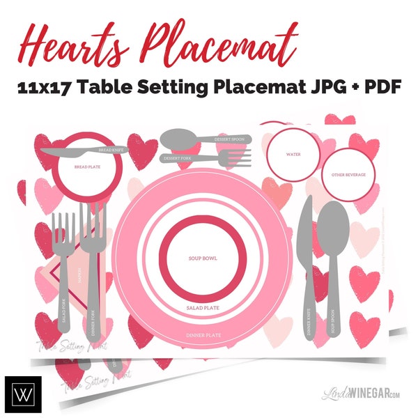 DIGITAL Etiquette Placemat Pink Hearts Valentine's Day | Table Setting Diagram | Manners Placemat | INSTANT Download 11x17 JPG, pdf