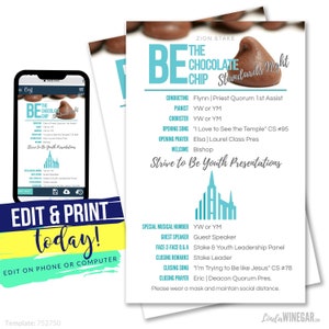 EDITABLE Be the Chocolate Chip Program | Teal and Grey Standard's Night Program + Hymns  | Double Sided INSTANT Digital Download with Corjl
