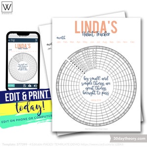 EDITABLE Monthly Habit Tracker Wheel with Motivational Quote | 30 Day Habit Tracker | 30 Day Goal Tracker | Editable with Corjl 8.5x11 PDF