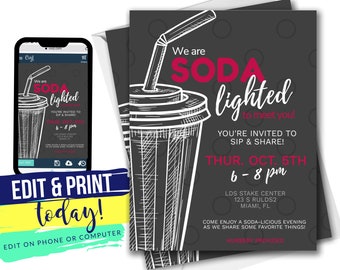 SODA-Lighted Invite + Free Cupcake Toppers pdf | Soda Bar Invitation | LDS Relief Society Invitation | Edit INSTANT Download Corjl 4x6 & 5x7