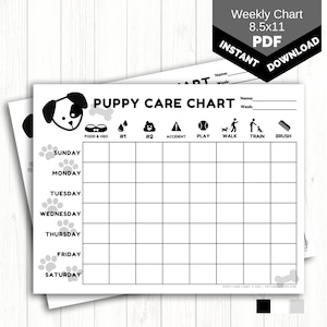 Puede incluir: Tabla de cuidado de cachorros imprimible en blanco y negro con un icono de perro y huellas de patas. La tabla incluye columnas para comida y agua, ir al baño, accidentes, jugar, paseos, entrenamiento y cepillado. La tabla está diseñada para un horario semanal.