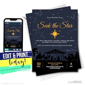 Seek the Star Relief Society Christmas Party Invitation | Night in Bethlehem Invite | Editable INSTANT Digital Download with Corjl 4x6 & 5x7