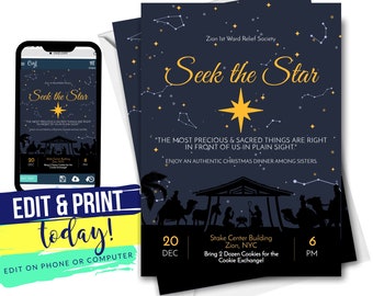 Seek the Star Relief Society Christmas Party Invitation | Night in Bethlehem Invite | Editable INSTANT Digital Download with Corjl 4x6 & 5x7