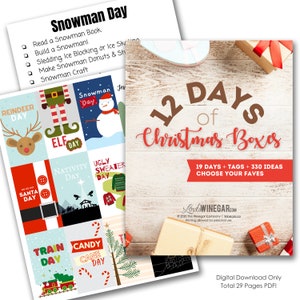 Cajas de los 12 días de Navidad / Etiquetas temáticas para los días / 12 días de Navidad para niños / 330 actividades navideñas para familias / Descarga digital en PDF