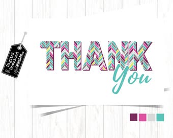 Herringbone Thank You Card, Purple, Pink & Teal Stationary Greeting Thank You Cards, Printable Thank You Card | INSTANT Download 4x6 JPG