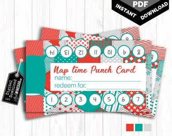 Nap Time Punch Card | Habit Cards for Kids | Naptime Punchcards Red | Reward Punch Card Printable | 10/sheet INSTANT DOWNLOAD 8.5x11 PDF