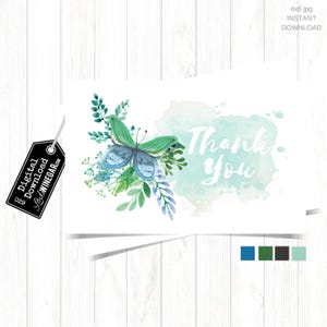 Cartes de remerciement papillon aquarelle fantaisiste, carte de remerciement bleue, bleu sarcelle et blanche, carte de remerciement baptême fille | Téléchargement instantané 4 x 6 JPG