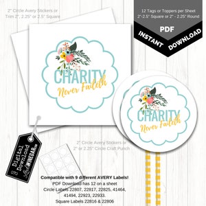Adornos para cupcakes de la Sociedad de Socorro con diseño floral para imprimir, 12 pegatinas Avery / Etiquetas circulares o cuadradas Charity Never Faileth (W) / Descargar PDF de 8,5 x 11