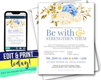 Relief Society Ministering Invitation | Humanitarian Activity Invite | Young Women Invite | Editable INSTANT Download on Corjl 4x6 & 5x7