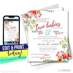 Double Baby Shower Floral Invite, Dual Garden Babyshower Invitation, It's a girl, Two Babies Editable INSTANT Download on Corjl 4x6 & 5x7 image 1