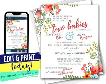 May include: A printable baby shower invitation with a floral design. The invitation reads "Two babies instead of one."  The text also includes the names "Rapunzel Rider" and "Anna Bjorgman" and the date "May 25th, 2019".