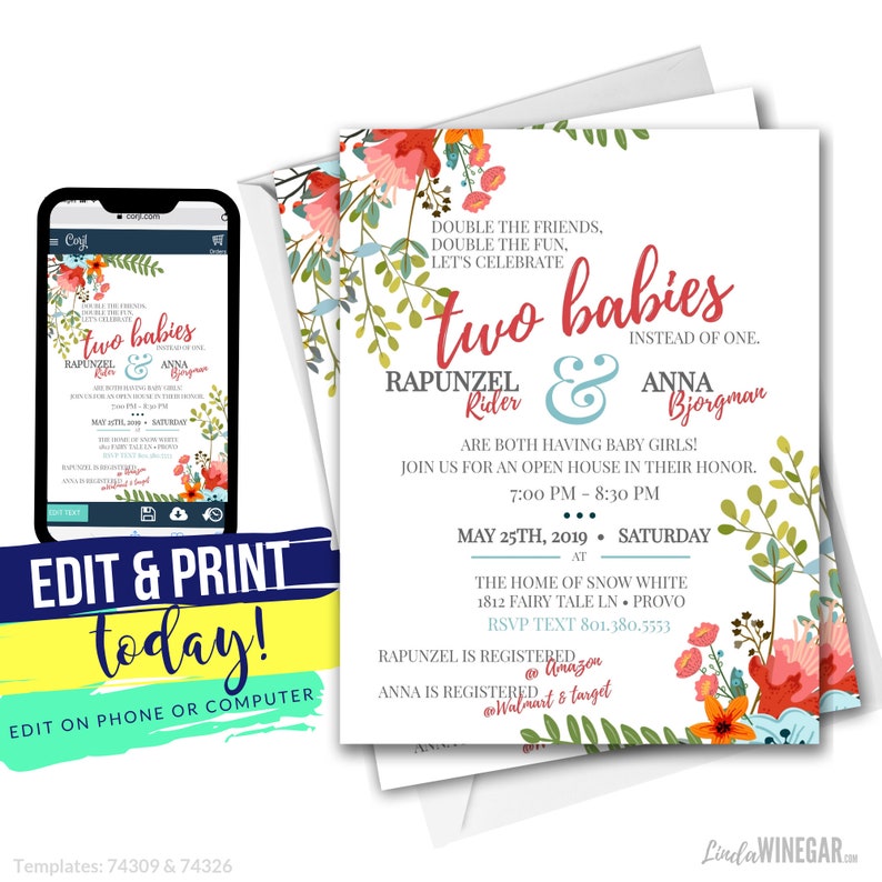 Double Baby Shower Floral Invite, Dual Garden Babyshower Invitation, It's a girl, Two Babies Editable INSTANT Download on Corjl 4x6 & 5x7 image 1